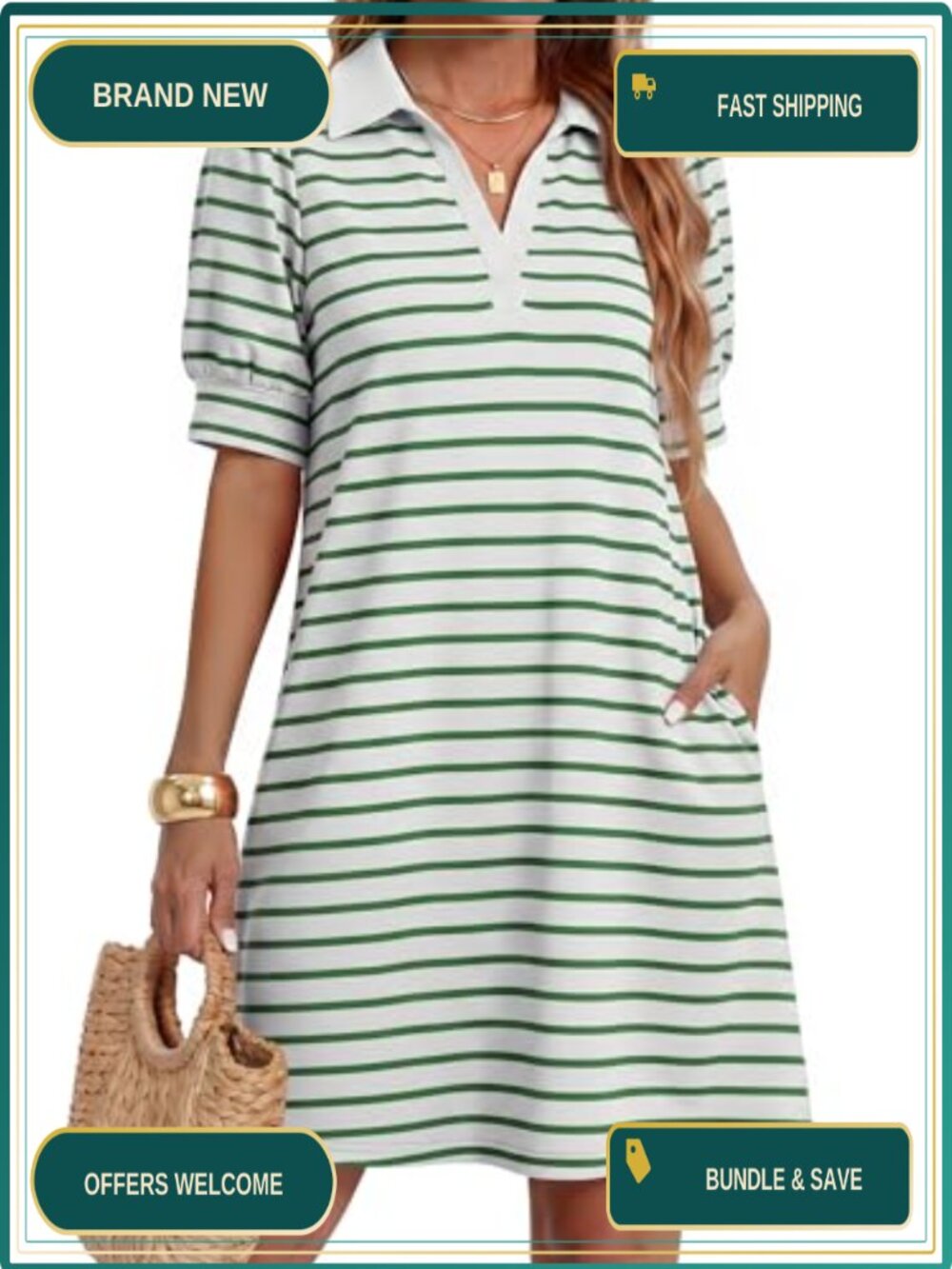 Striped Cotton Mini A-Line Dress Short Puff Sleeve